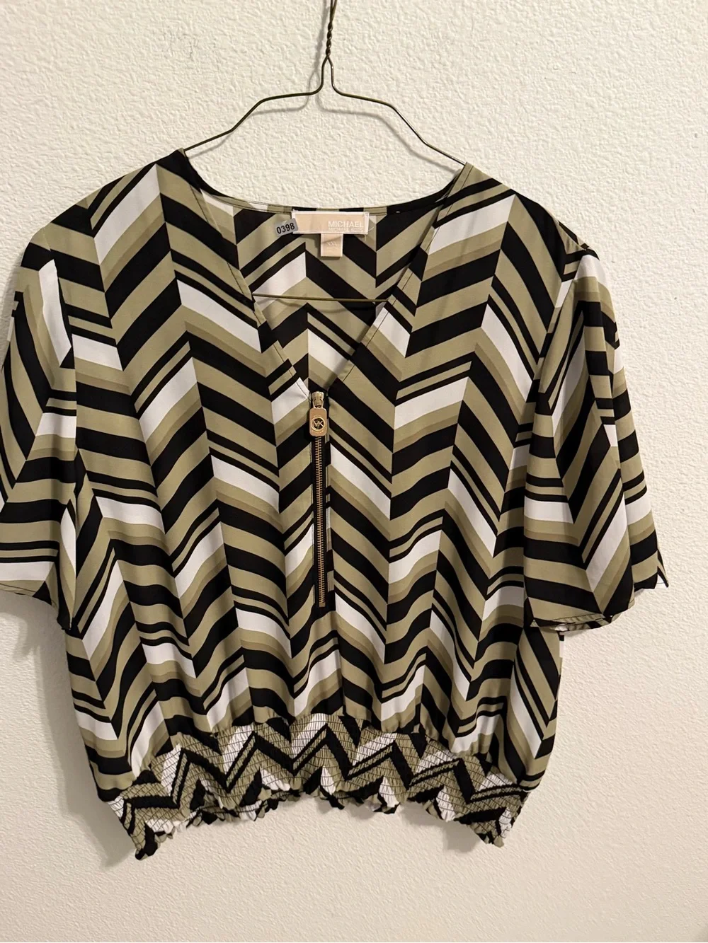 Michael Kors Olive, Black & White Chevron Zip-Front Crop Top